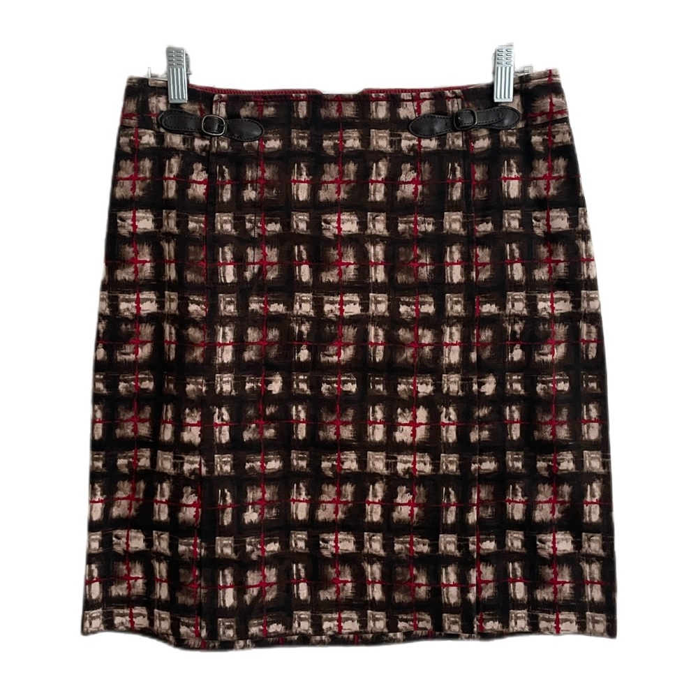 ETCETERA Straight Plaid Skirt w/ Leather Tab Details